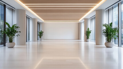 Obraz premium Minimal modern event hall with wood ceiling, floor and potted plants creating calm ambience