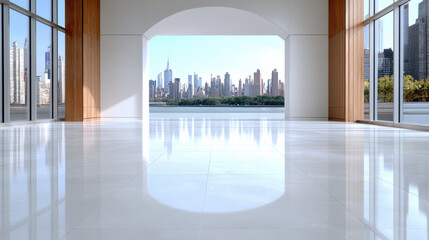 Fototapeta premium Spacious modern interior city skyline large windows polished floor architectural minimalism
