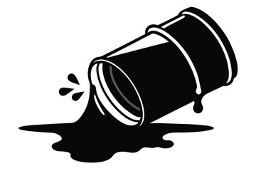 An overturned barrel spills thick, dark liquid onto a white surface, creating a bold statement