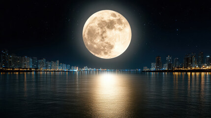 Full moon over coastal city skyline at night casting shimmering reflection on calm water