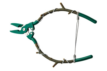 Garden pruning shears repairing tree branch with wire isolated on a transparent background