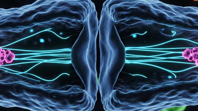 Microscopic view of cells undergoing mitosis and replication with pink chromosomes and blue spindle fibers