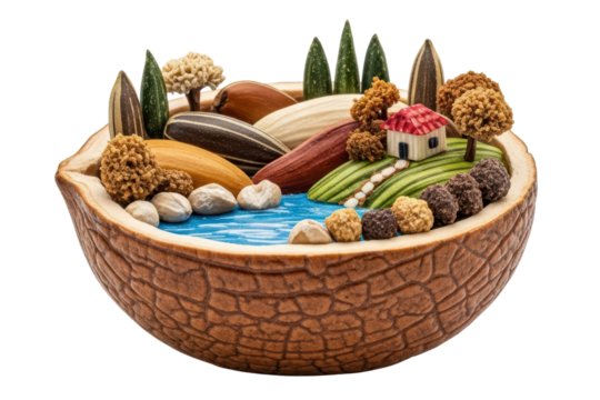 Creative miniature fantasy village inside half walnut shell isolated on a transparent background