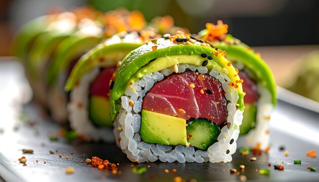 Close-up of sushi rolls with vibrant fillings, including avocado and fish, arranged on a dark plate - Powered by Adobe