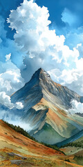 Watercolor Mountain Landscape with Clouds, Peak, and Forest, Artistic Illustration of Nature Scenery, Serene Mountainscape Painting, Outdoor Adventure Concept