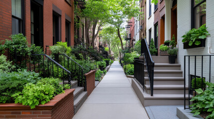 Fototapeta premium Brownstone sidewalk rowhouse garden walkway peaceful urban tree lined