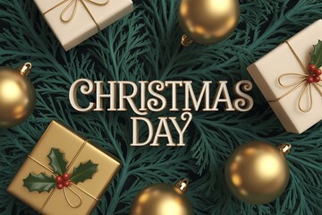 Celebrate Christmas Day with elegant gold ornaments and wrapped gifts on a festive evergreen background, perfect for holiday cards and seasonal promotions
