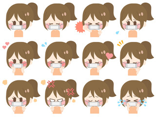 マスクをしたポニーテールの女の子（セット01）