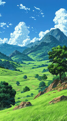 Lush Green Valley Landscape with Rolling Hills, Mountains, and Blue Sky with Clouds, Anime Style Scenic View of Nature, Peaceful and Serene Environment