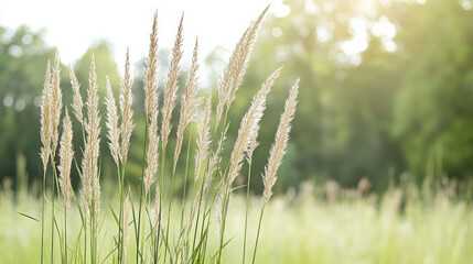 Fototapeta premium Open meadow tall grass swaying in warm sunlight, peaceful natural scene