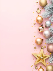 Elegant Christmas Border with Gold and Pink Ornaments on Light Pink Background