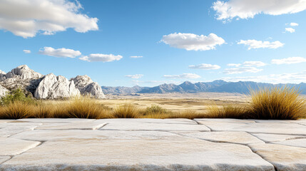 Open stone plateau wide landscape blue sky grass plain mountain range distant clouds