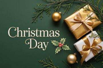 Elegant Christmas Day gifts with gold ornaments on a festive green background create a warm and inviting holiday mood for family celebrations and joyful giving