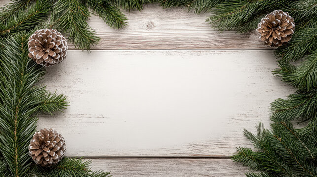 Pine wreath circular border empty central zone cozy winter frame with pinecones