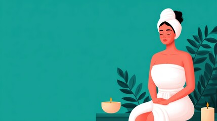 A serene illustration of a woman in a spa setting, wrapped in a towel, surrounded by candles and greenery, promoting relaxation and self-care.