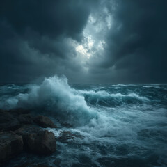Dramatic Seascape with Crashing Waves and Stormy Sky: A Powerful Image of Nature's Fury and Coastal Beauty, Perfect for Travel, Weather, and Adventure Themes