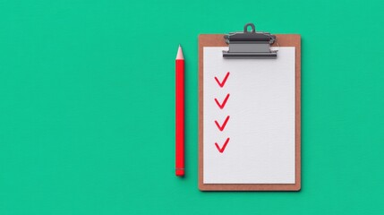 A clipboard with a checklist and red pencil on a vibrant green background.
