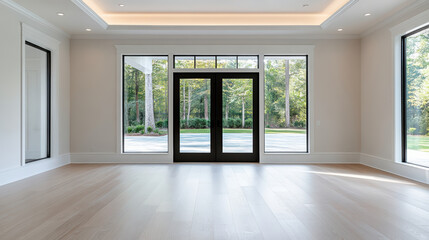 Obraz premium Spacious empty modern foyer with large glass double doors and natural light