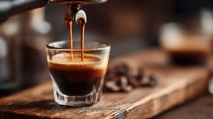Barista skillfully pulling a perfect espresso shot with luxurious crema into a glass with expertise