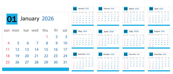 Spanish calendar and planner 2026 year, schedule month calender, organizer template. Week starts on Monday. Business personal page for Spain. Modern simple dairy. Vector illustration.