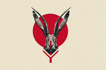Abstract Hare Illustration with Red Circle and Geometric Design, Black and White Graphic Art, Modern Minimalist Style, Animal Portrait, Contemporary Art