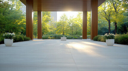 Fototapeta premium Sunlit modern pavilion patio with planters and park trees, peaceful morning scene