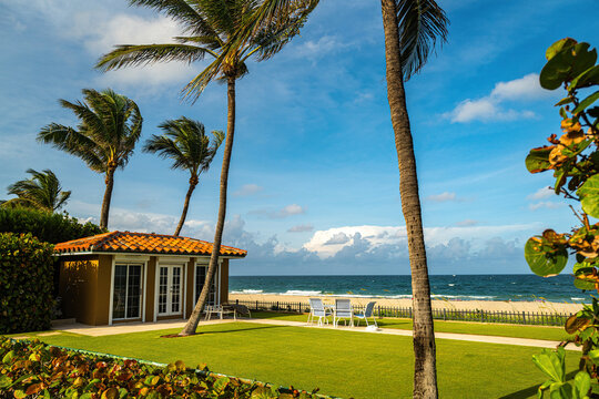 Fototapeta Tropical beach house with ocean view and palm trees. Summer vacation by the sea. Luxury tropical home with private beach access. Resort paradise for relaxation and travel. Summer holiday.