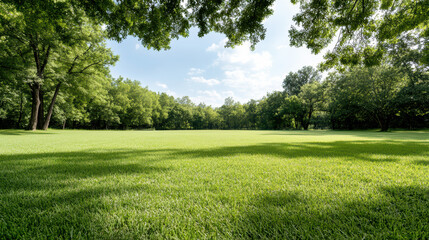 Green grass lawn open field under trees with calm sunlight and blue sky