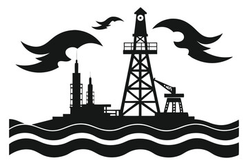 Silhouette of an oil rig platform with two birds flying over the water