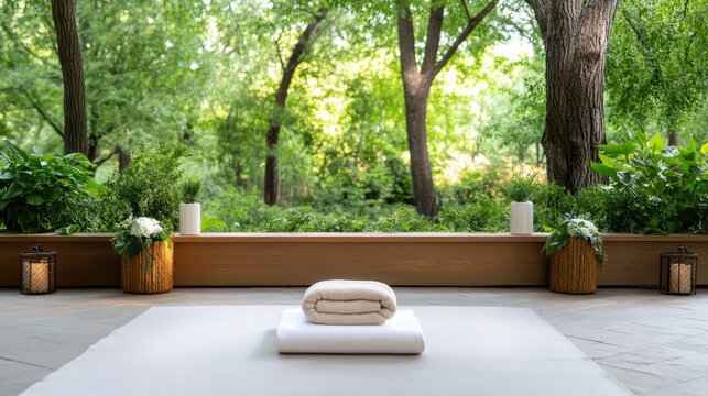 Serene yoga mat with folded blanket on wooden terrace overlooking green forest light