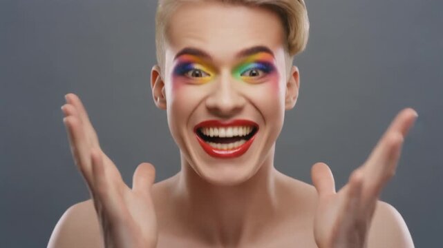 Stylish person with vibrant rainbow makeup plays games on smartphone, enjoying mobile entertainment and expressing individuality with modern flair