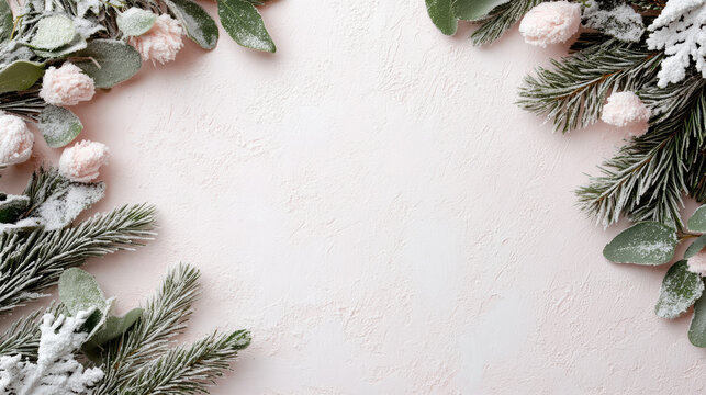 Soft pink holiday wreath with snowy pine and flowers, festive elegant winter frame - Powered by Adobe