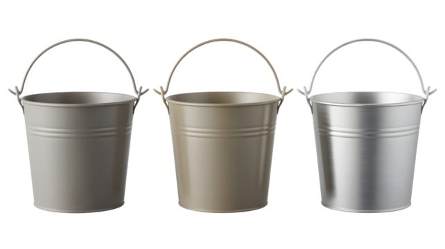Three metal buckets of different colors standing side by side against a black background in a studio shot