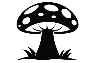 A stylized mushroom with white spots stands majestically in small tufts of grass
