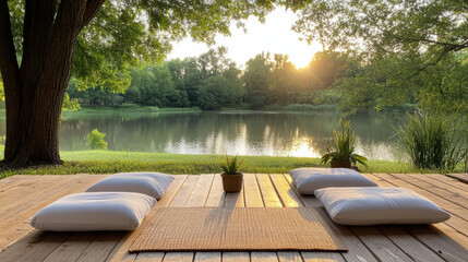 Sunrise lakeside deck meditation cushions peaceful outdoor morning retreat