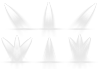 Modern stage spotlight light projector with sharp beams and flash effect on a white background. Atmospheric lighting for concert stage and podium scenes. High detail realistic png illustration.