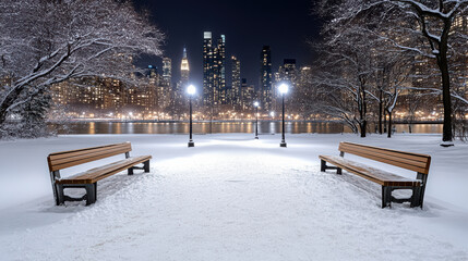 Snowy park benches face calm river with illuminated city skyline and lampposts at night