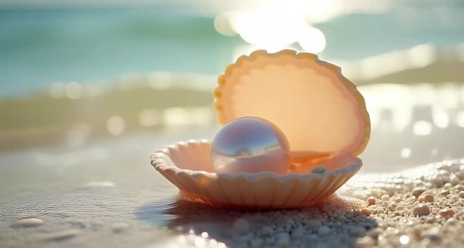 Luminous white pearl resting in an open seashell on a tropical beach at sunset symbolizing beauty luxury and ocean treasure