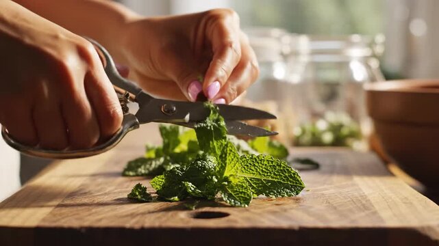Preparing fresh herb for culinary use with scissors on wooden board