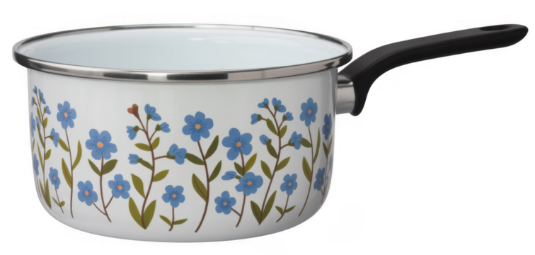 White enamel saucepan with blue floral pattern and black handle isolated on a transparent background - Powered by Adobe