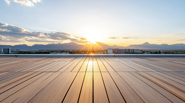 Sunset rooftop wooden deck city skyline mountain view peaceful golden hour - Powered by Adobe