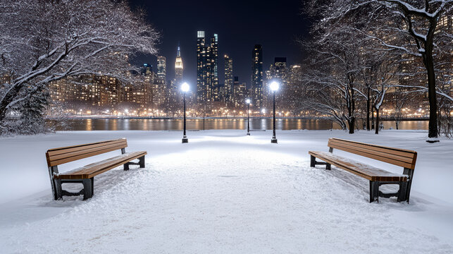 Snowy park benches face calm river with illuminated city skyline and lampposts at night