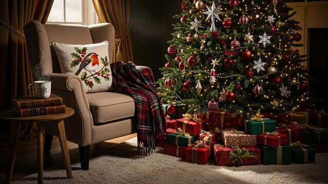 Cozy Christmas Scene Featuring Decorated Tree Gifts Warm Home Holiday Decorating Ideas - Powered by Adobe
