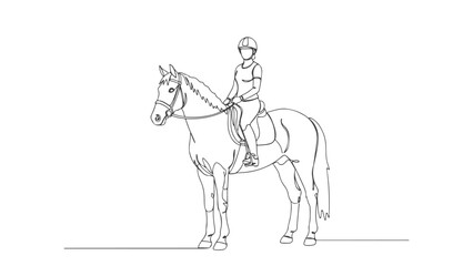 One continuous line art drawing of a female equestrian rider sitting on her horse, minimalist hand-drawn illustration for sport or hobby concept