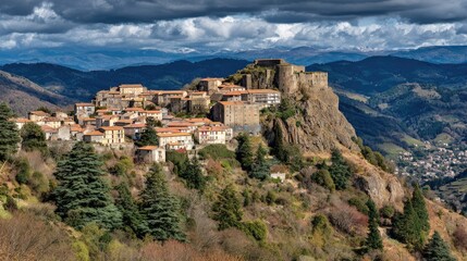 Obraz premium Historic fortified village crowns rugged, dramatic mountain peak beneath stormy skies