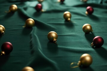 Elegant Christmas ornaments scattered on luxurious green velvet create a festive holiday mood, perfect for seasonal greetings, invitations, or website banners