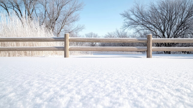 Snow covered field with wooden fence and frosty trees under clear blue sky