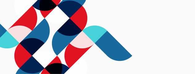 Obraz premium Abstract geometric pattern. Overlapping circles create dynamic composition. Red, blue, black, pink hues dominate white background. Modern design element.