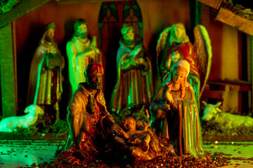 Bethlehem. Jesus Christ, Mary and Josef. Christmas figurines. Christmas Christian nativity scene with Jesus in the manger, kings, farm animals and star of Bethlehem.