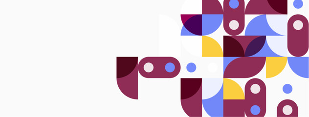 Abstract geometric shapes, purple, blue, yellow tones. Minimalist design, clean lines, modern aesthetic. Background is white.
